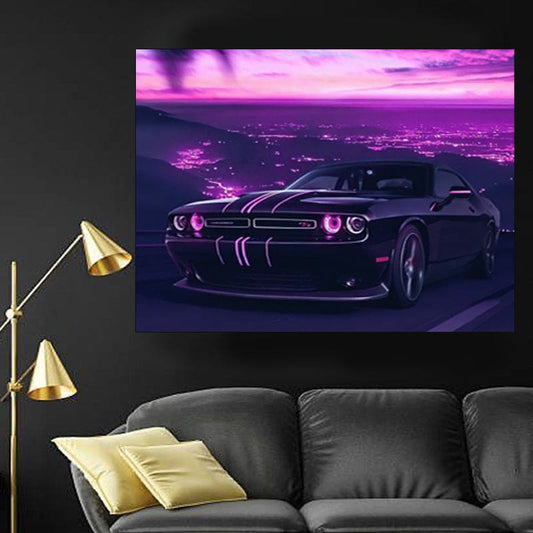 Dashing Car with Purple Lights Wall Frame